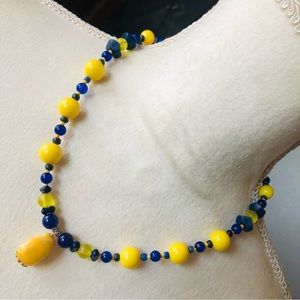 Handcrafted recycled vintage lemon and lazurite genuine stone necklace